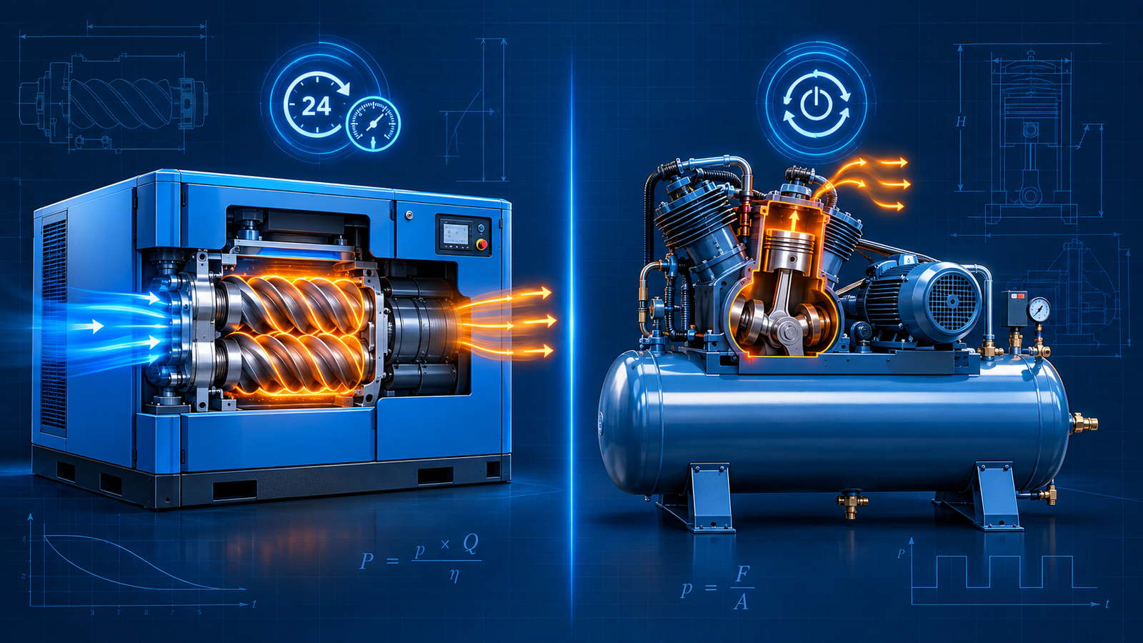 Rotary screw compressor and reciprocating piston compressor shown side by side with blueprint overlays