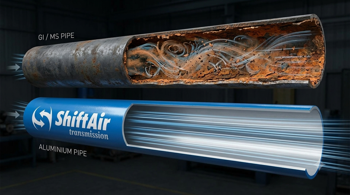 Cutaway comparison of a corroded GI/MS pipe versus a smooth-bore aluminium compressed-air pipe