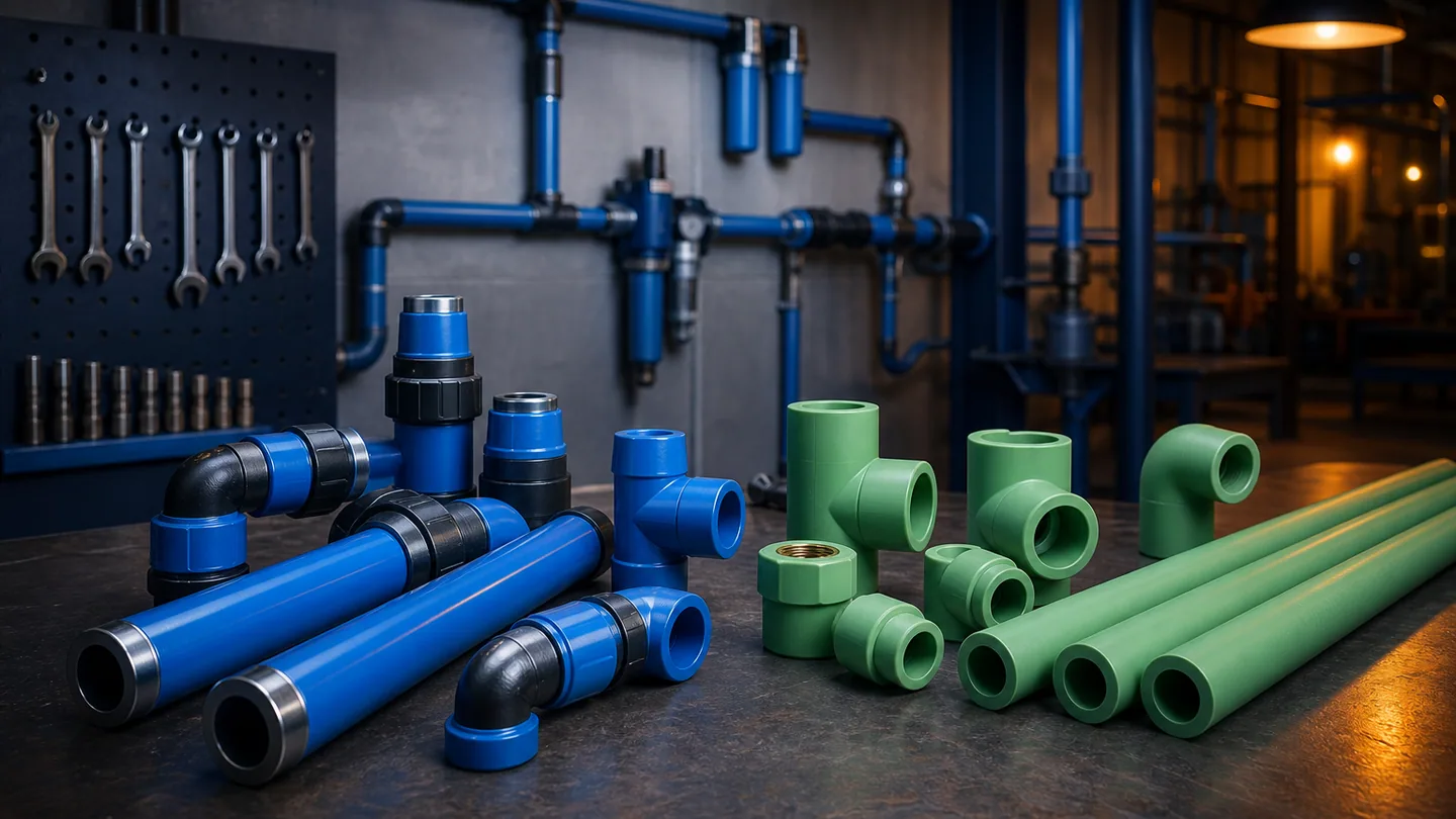 Blue aluminium and green PPR compressed-air pipe and fittings compared on a workbench