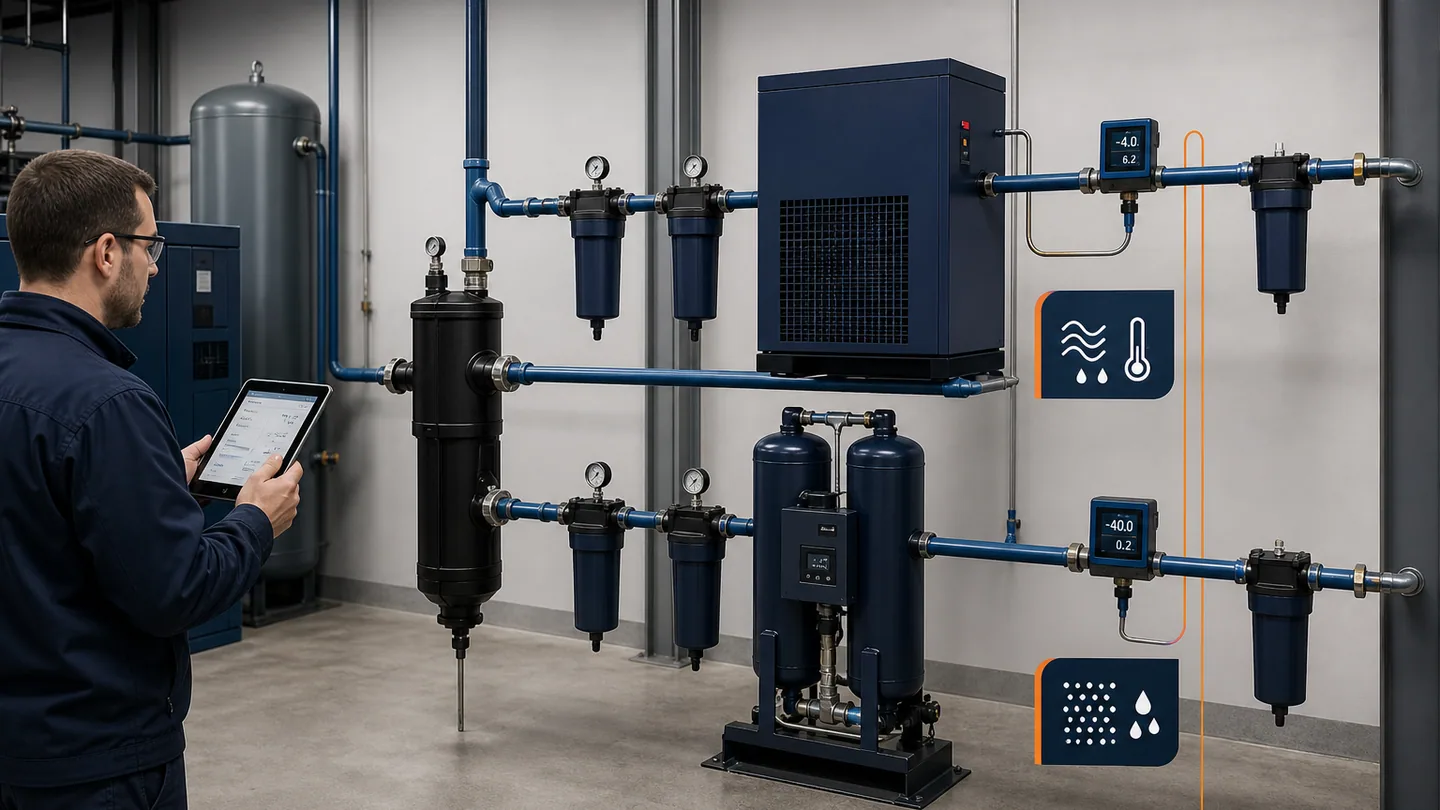 Refrigerated and desiccant compressed-air dryer systems with dew-point monitoring