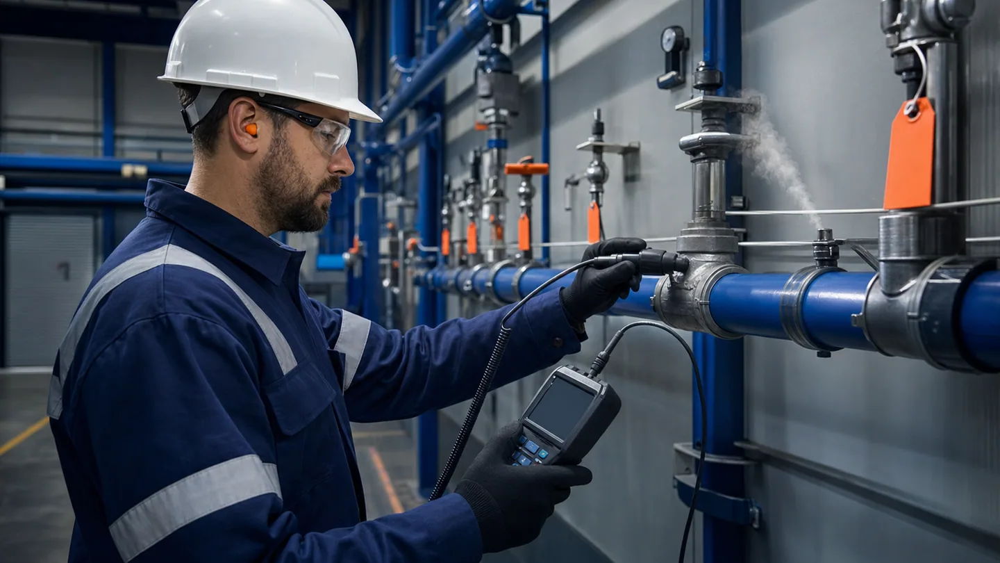 Maintenance engineer using an ultrasonic detector to locate a compressed-air pipe leak