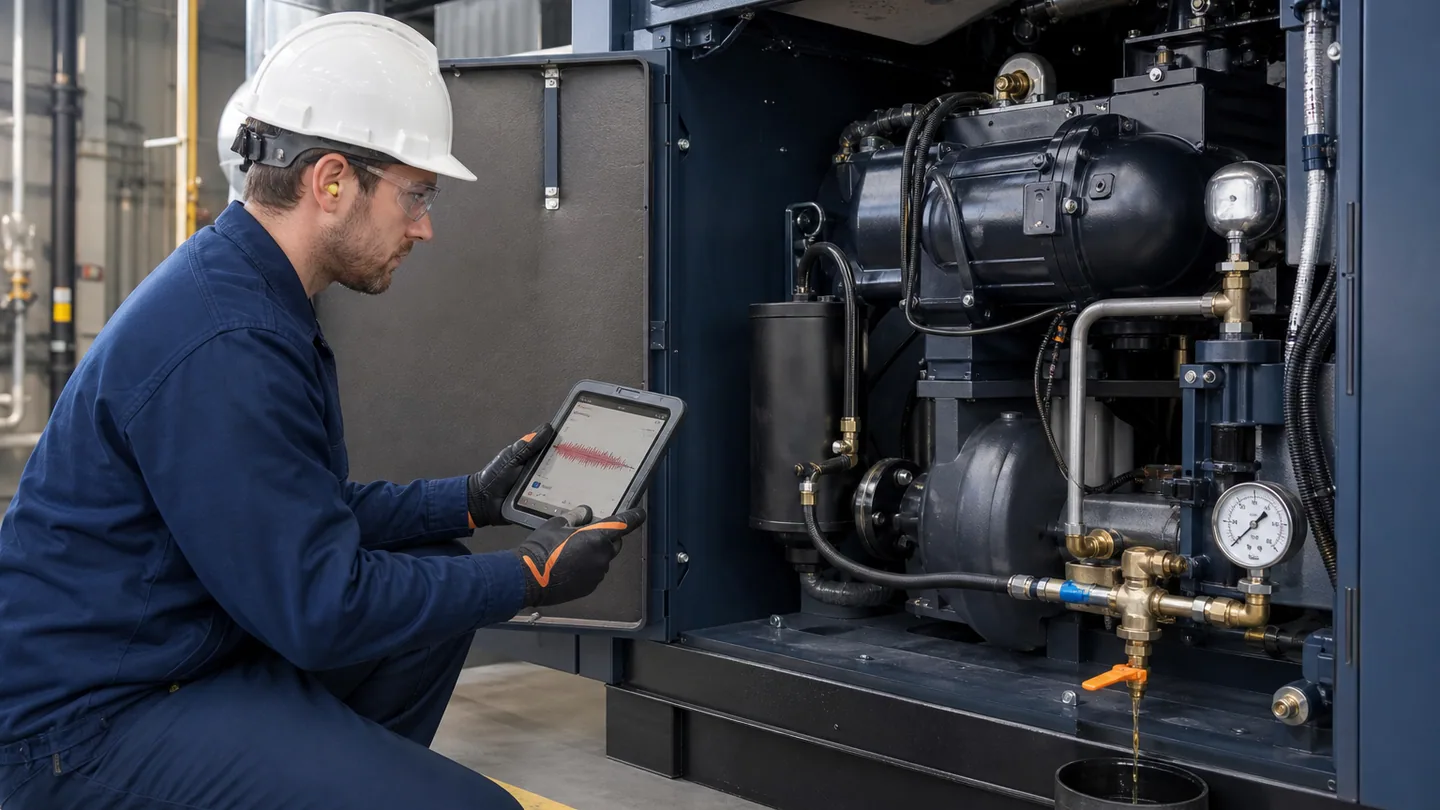 Technician diagnosing vibration and condensate during air compressor servicing