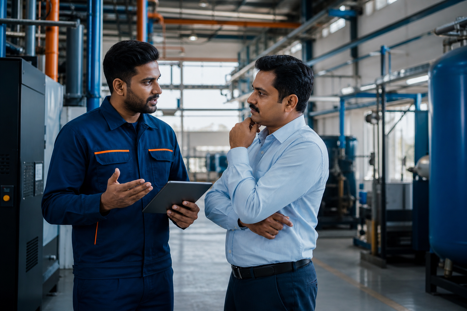 ITT service engineer discussing an industrial project with a plant customer