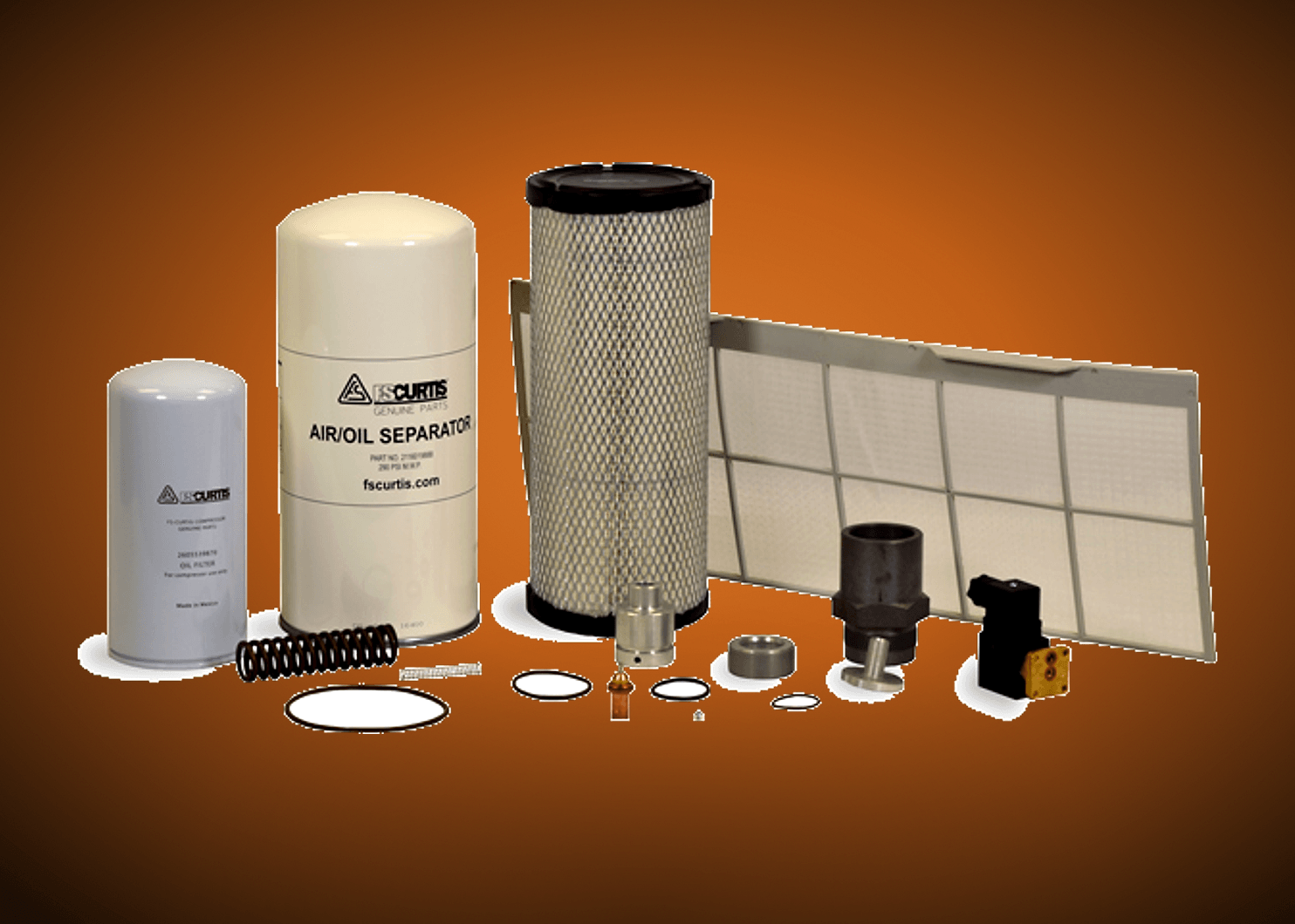 FS-CURTIS genuine spare parts — oil filter, air/oil separator, mesh filter, pre-filter screen, O-rings, solenoid valve and consumables