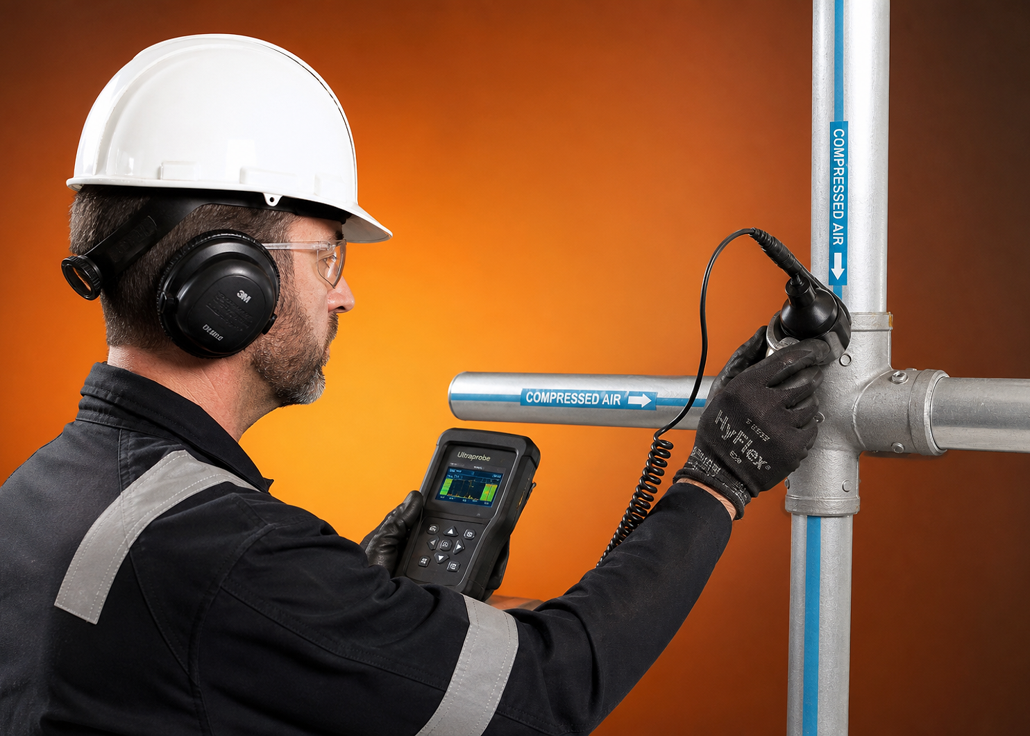 Engineer testing compressed air piping for leaks with an ultrasonic leak detector during system audit