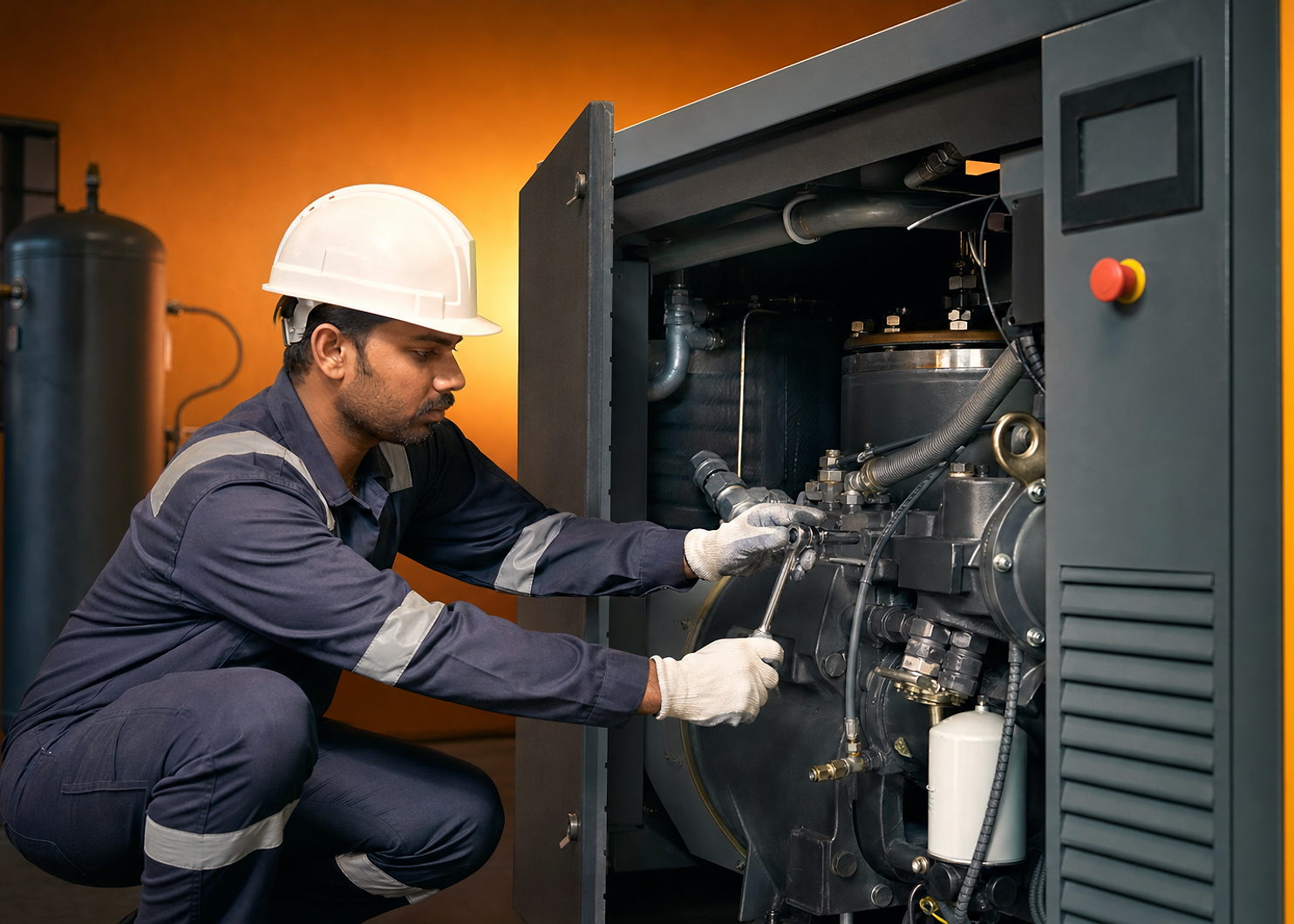 Field engineer repairing a screw air compressor during on-site breakdown service
