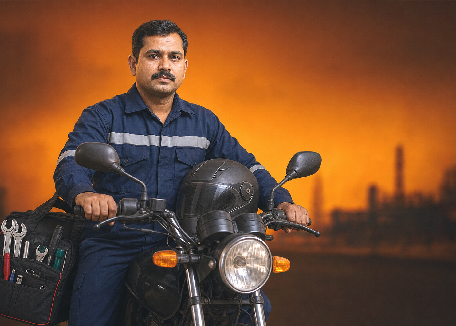 ITT field service technician on bike for priority emergency breakdown dispatch across NCR