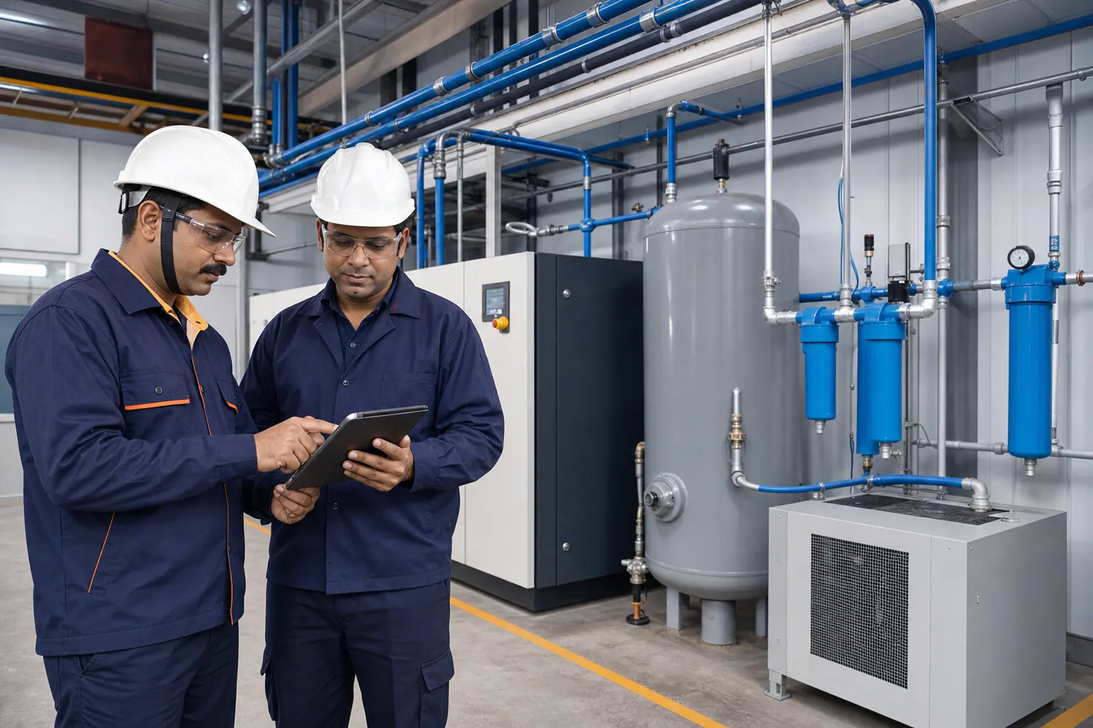 Plant manager and ITT engineer reviewing a compressed air installation
