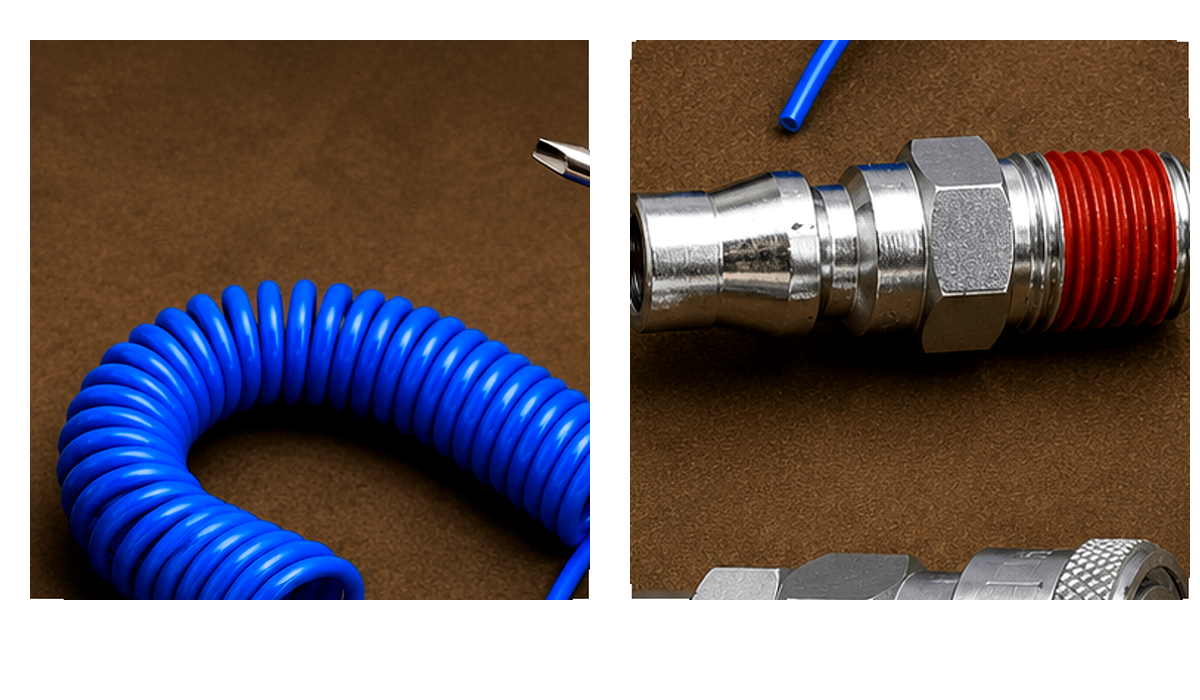 PU coiled air hose and quick-connect couplers