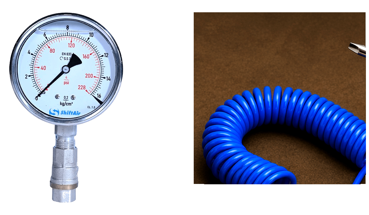 Pressure gauge and coiled air hose