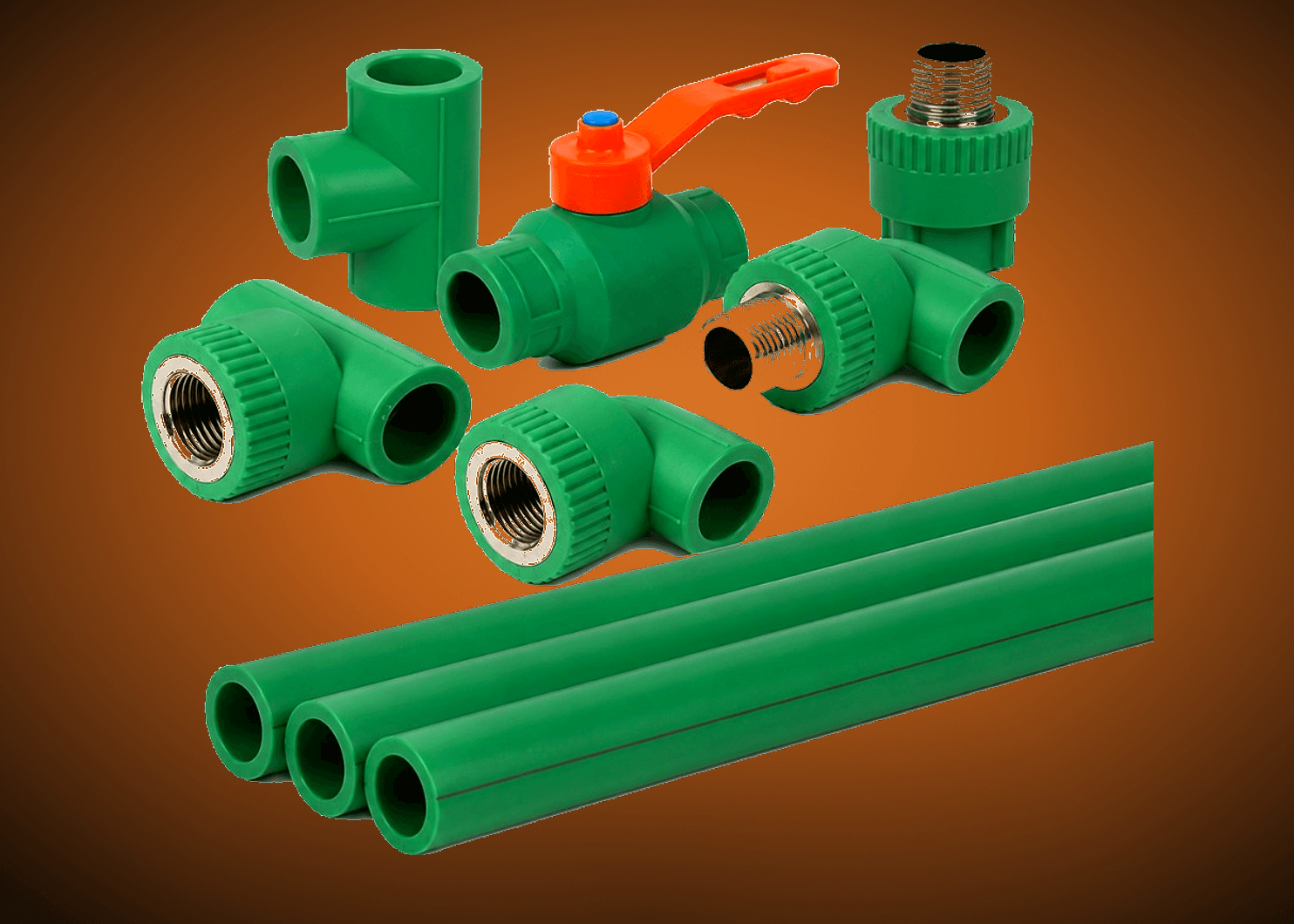 SHK Aqua green PPR pipes and fittings — studio product photo