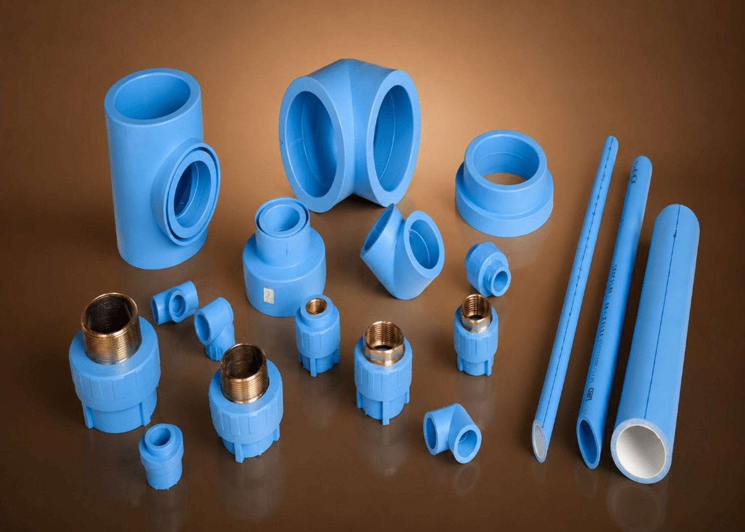 SHK Pneumato blue PPR compressed air pipes and fittings — studio product photo
