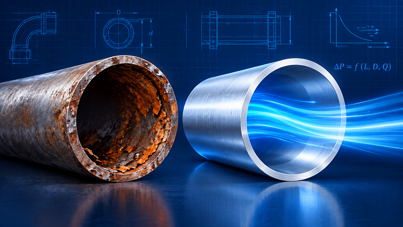 Cutaway comparison of a corroded GI/MS pipe versus a smooth-bore aluminium compressed-air pipe