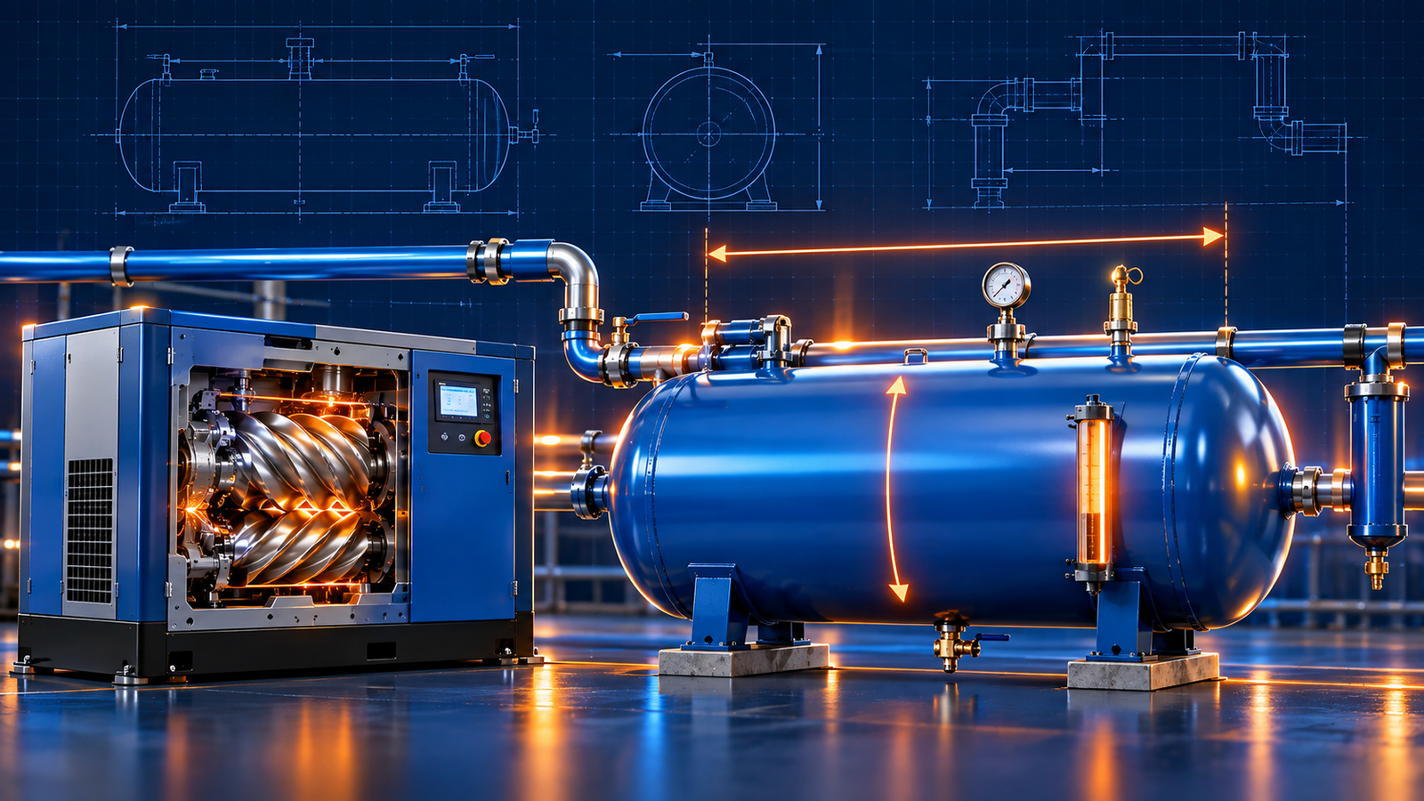 Industrial air receiver tank and screw compressor in a compressed-air plant room