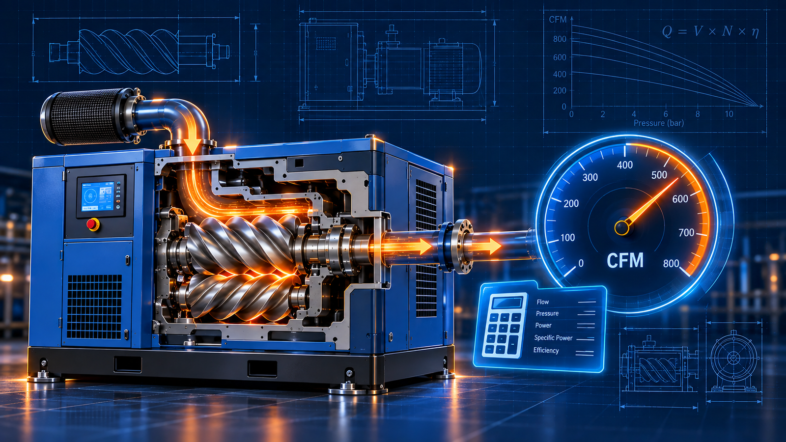 Engineer measuring compressed-air flow and pressure to calculate compressor CFM