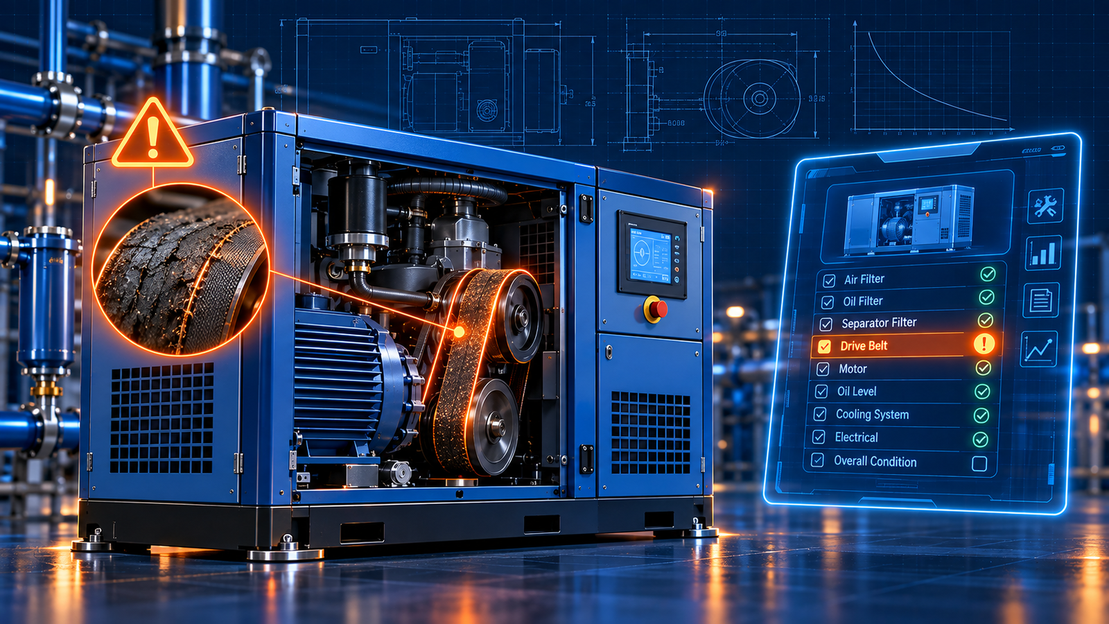 Technician diagnosing vibration and condensate during air compressor servicing