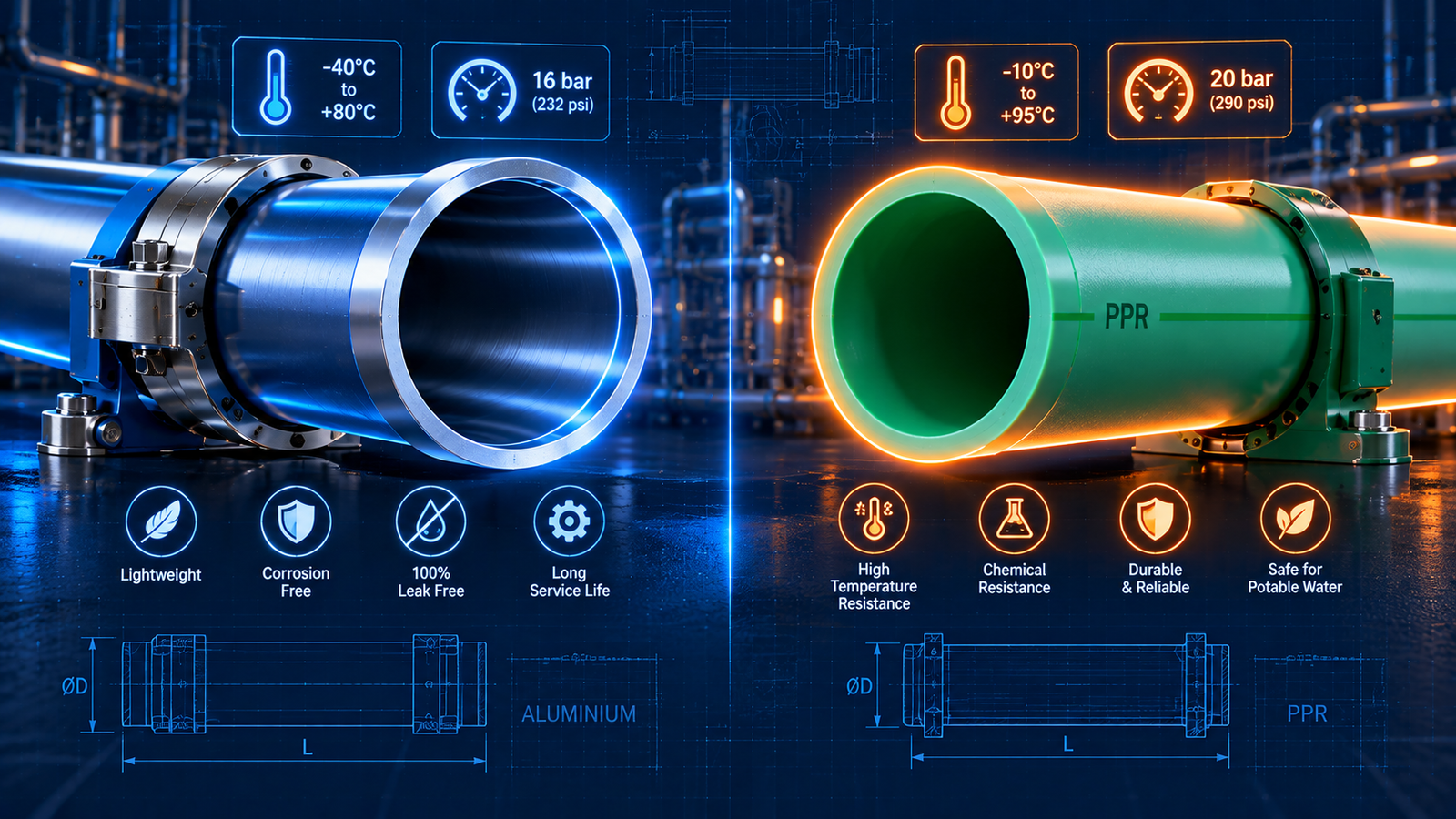 Blue aluminium and green PPR compressed-air pipe and fittings compared on a workbench