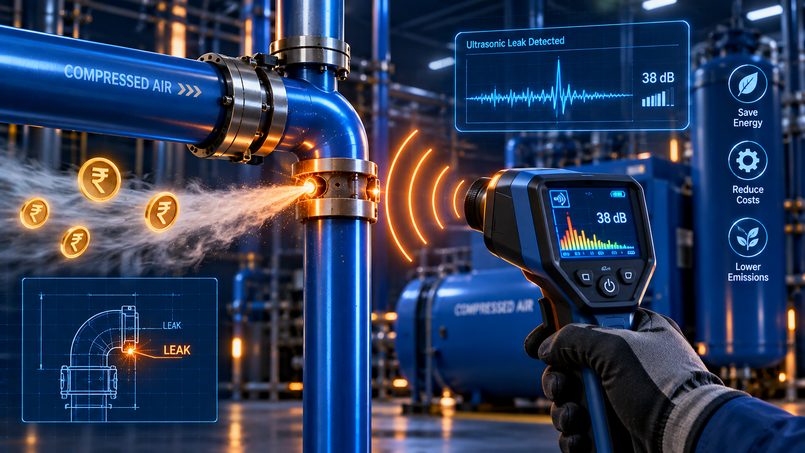 Maintenance engineer using an ultrasonic detector to locate a compressed-air pipe leak
