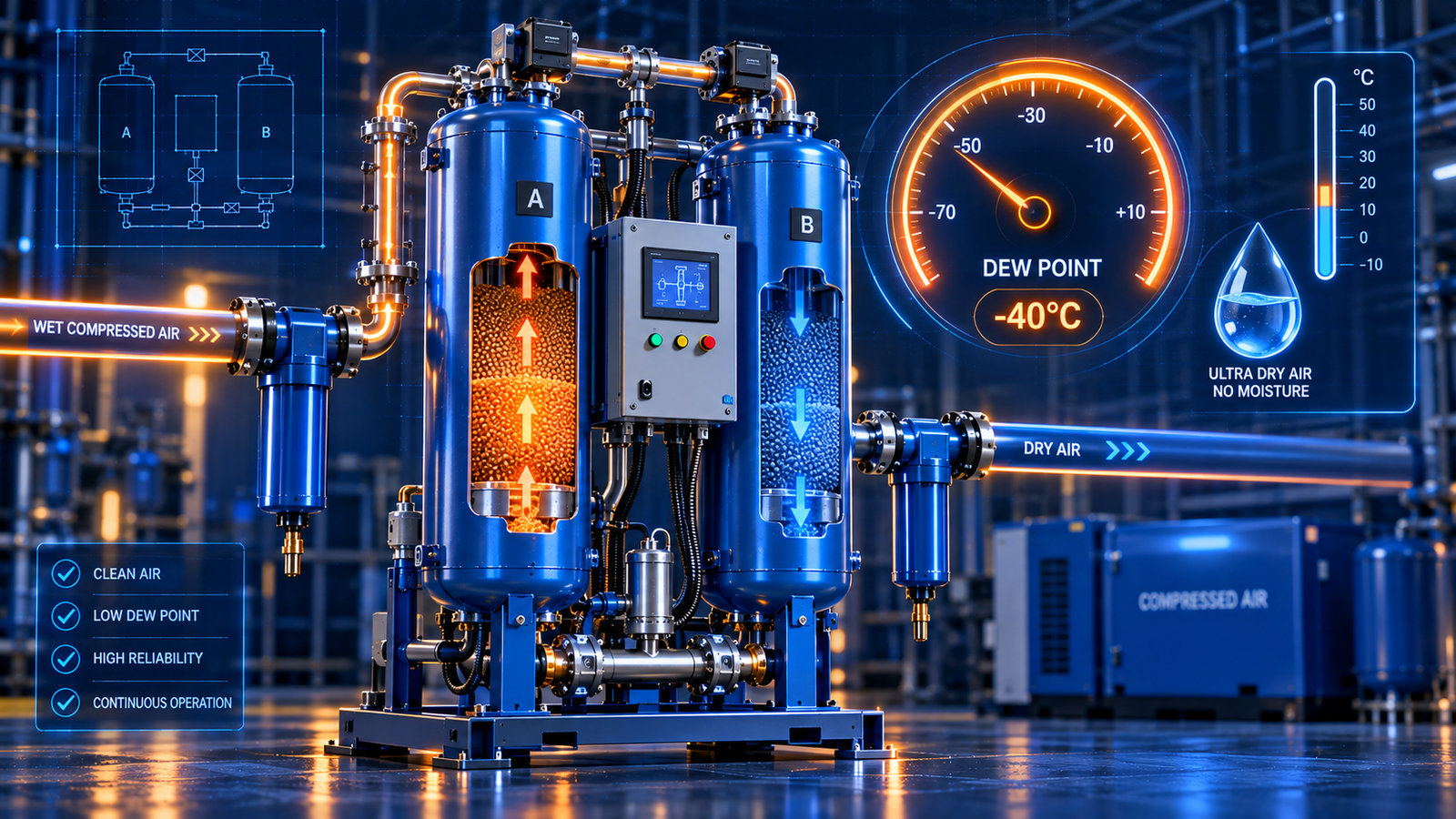 Refrigerated and desiccant compressed-air dryer systems with dew-point monitoring