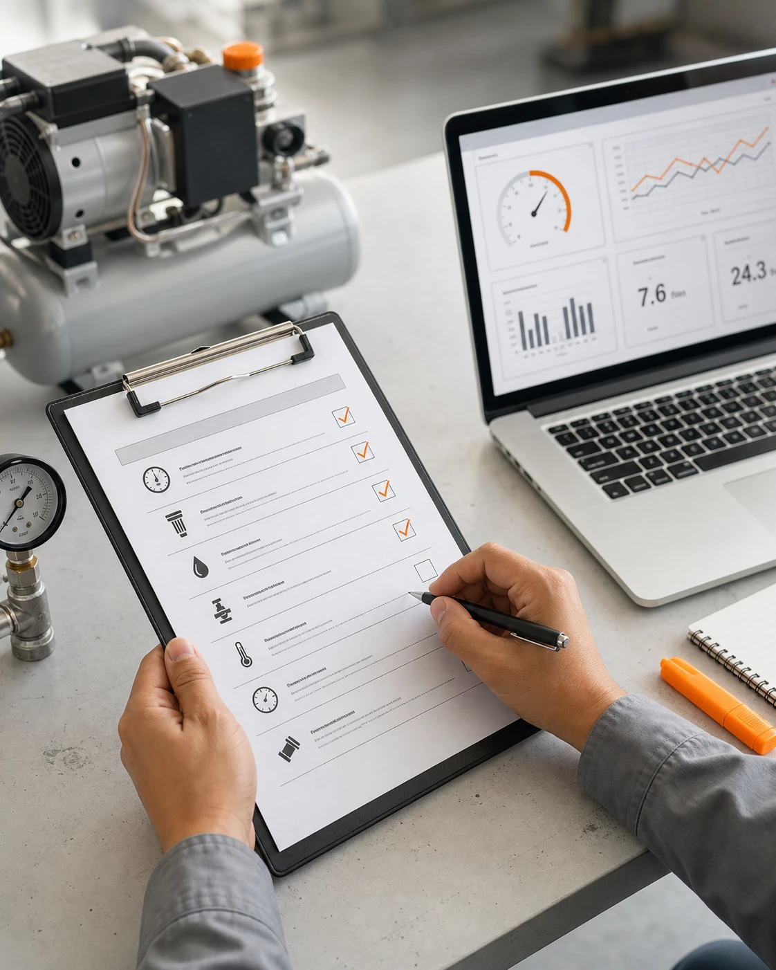 Engineer reviewing a compressed-air system checklist with pressure and flow data on a laptop